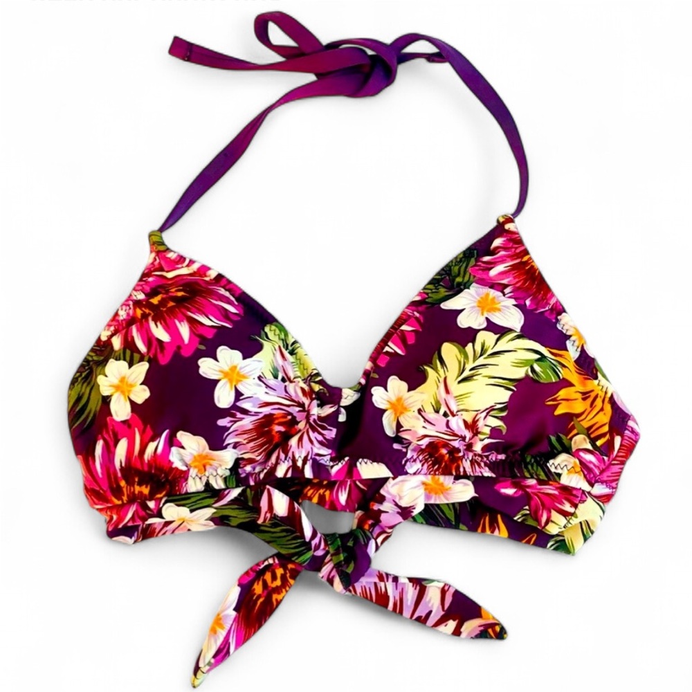KONA SOL PURPLE FLORA PRINT TIE FRONT HALTER BRALETTE BIKINI TOP SIZE SMALL SWIM